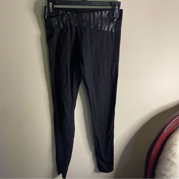 Victoria’s Secret Pink Black Logo Crossover Waist Ultimate Leggings- Size Small - Picture 3 of 5